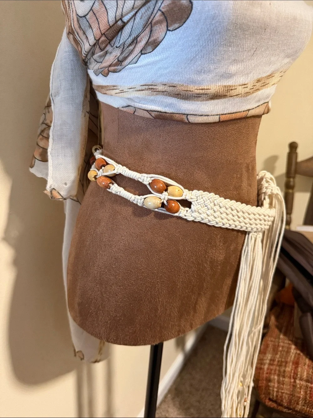 Macramé Fringe Tie Belt with Wooden Bead Detail — Cream and Brown